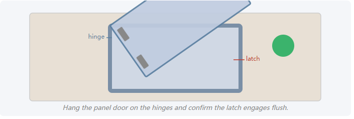 Hang the panel door on the hinges and confirm the latch engages flush.
